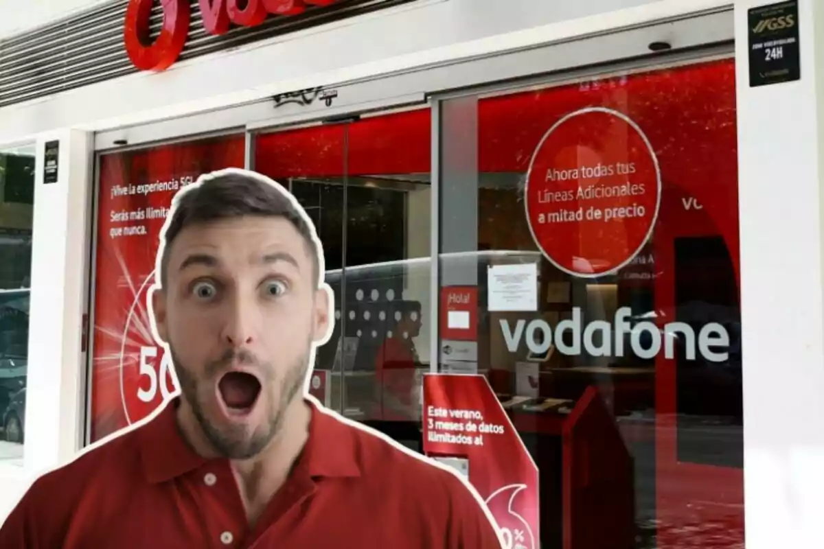 Un hombre con expresión de sorpresa frente a una tienda de Vodafone.