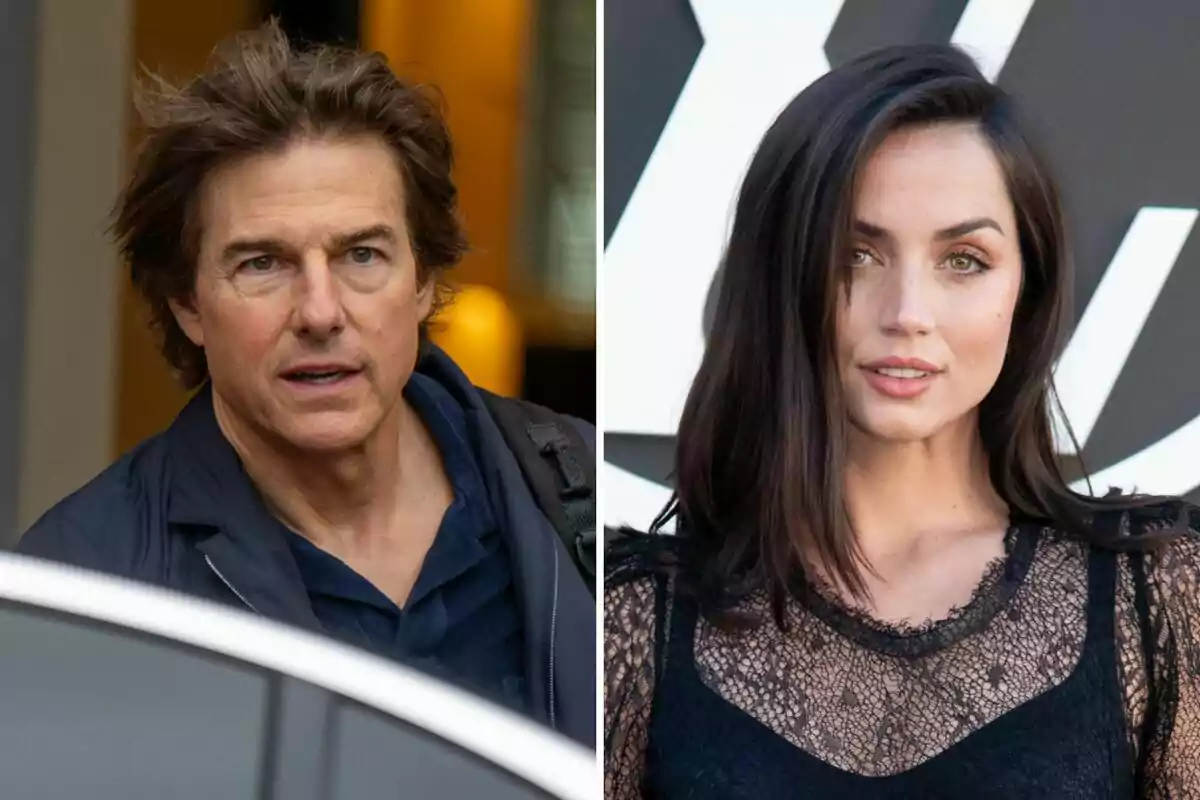 Tom Cruise y Ana de Armas posando en diferentes entornos, una con cabello castaño y chaqueta oscura, y la otra con cabello largo y oscuro, vistiendo una blusa de encaje. Tom Cruise y Ana de Armas posando en diferentes entornos, una con cabello castaño y chaqueta oscura, y la otra con cabello largo y oscuro, vistiendo una blusa de encaje.
