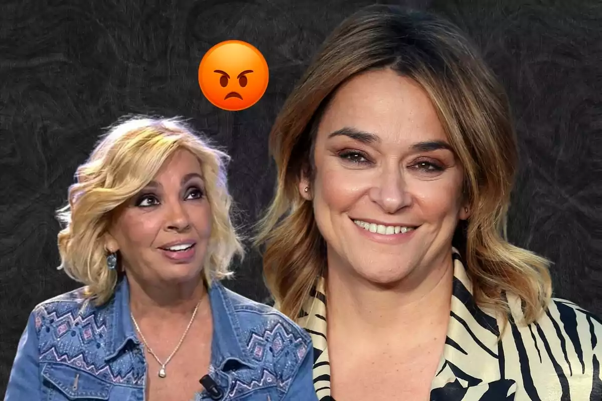 Carmen Borrego y Toñi Moreno sonrientes con fondo oscuro. con expresiones faciales diferentes, una sonriendo y otra con una expresión de sorpresa, con un emoji de enojo en el fondo.