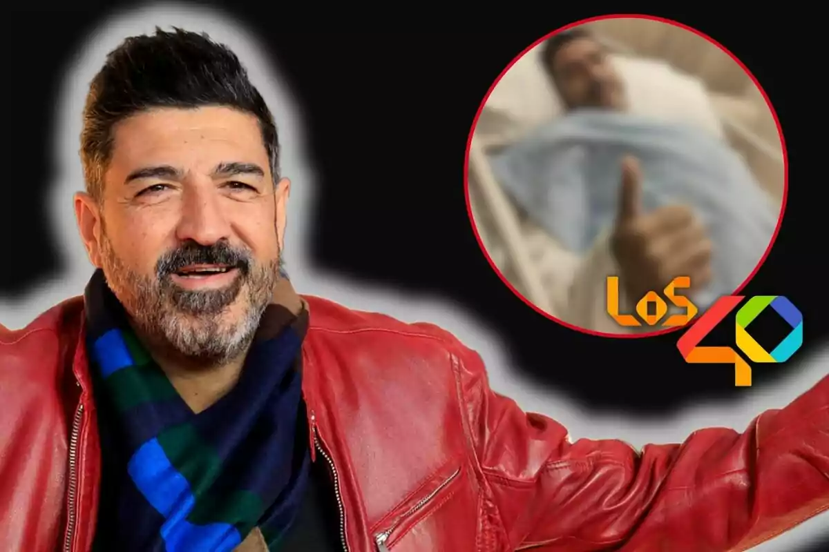 Tony Aguilar con chaqueta roja y bufanda sonríe, mientras en un recuadro se muestra a una persona en una cama con el pulgar hacia arriba, junto al logo de Los 40.