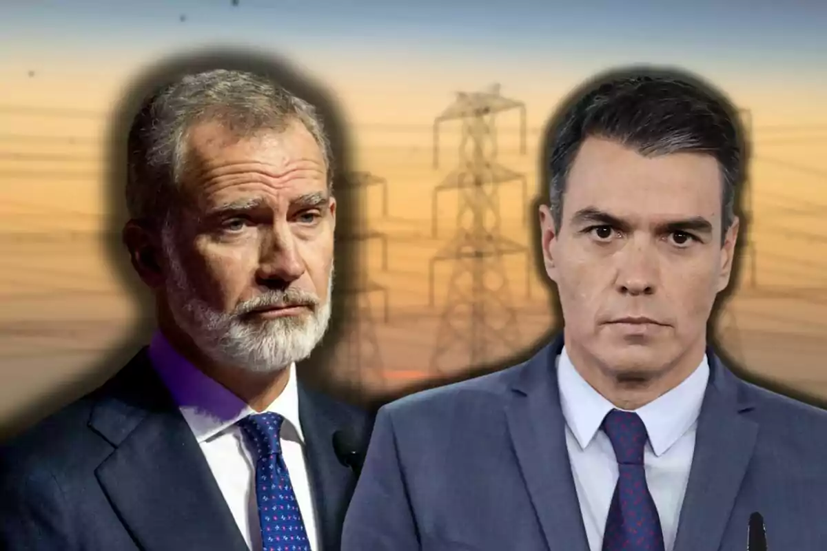 Dos hombres en traje con torres eléctricas de fondo al atardecer.