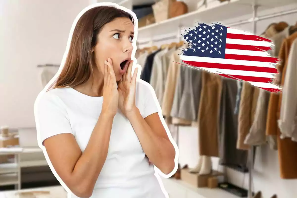 Surprised woman with her hands on her face looking at a United States flag in a locker room