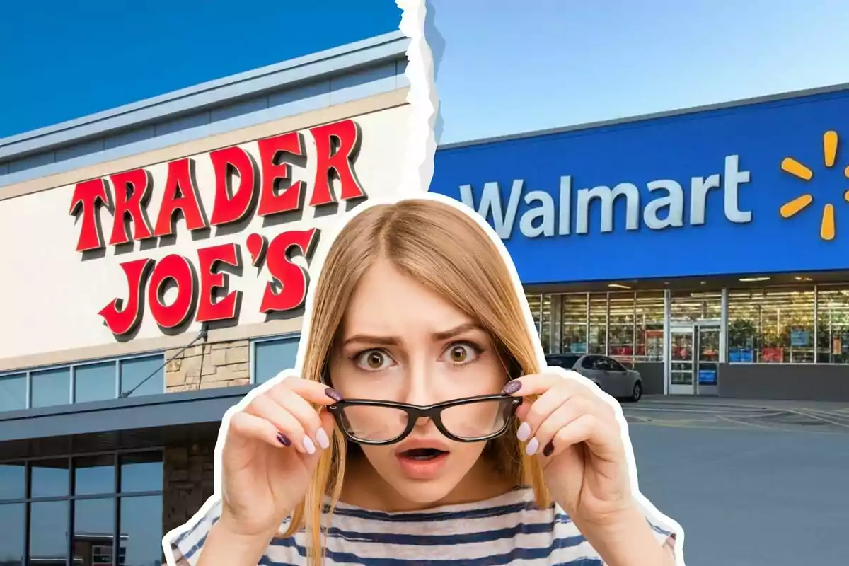 Una mujer sorprendida sostiene sus gafas frente a los letreros de Trader Joe's y Walmart.