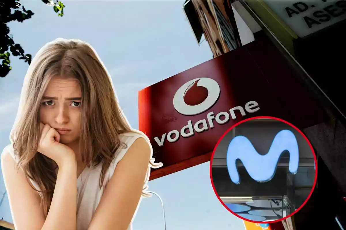 Una mujer con expresión preocupada frente a un cartel de Vodafone y un logo de Movistar en un círculo rojo.