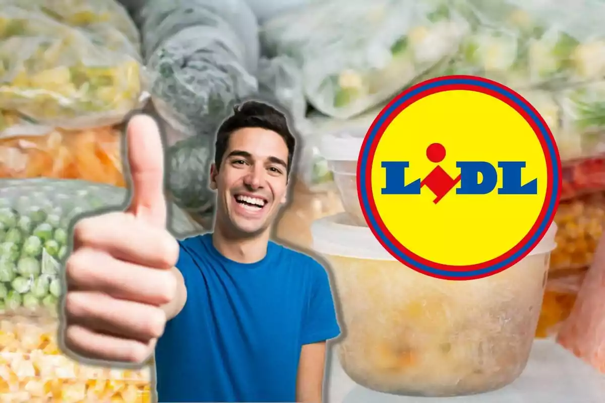 Montaje con un táper en la nevera, un hombre con el pulgar arriba y el logo de lidl