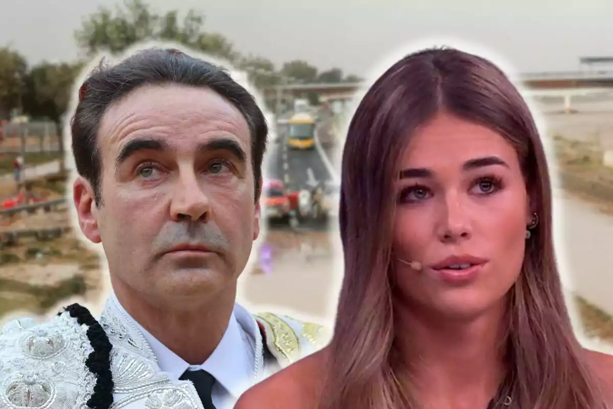 Montaje de una zona devastada, Enrique Ponce con un traje blanco de torero y Ana Soria hablando con un micrófono