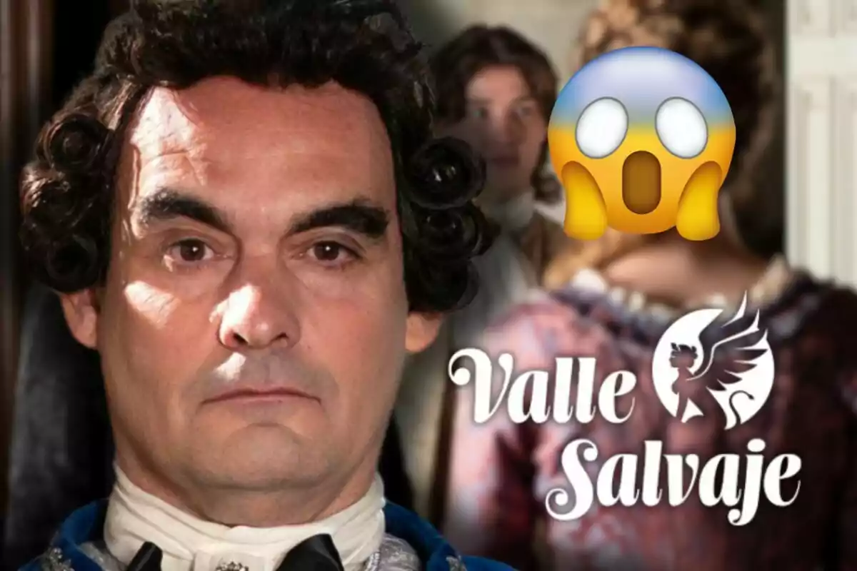 Óscar Rabadán mirando al frente, al fondo dos personas desenfocadas y un emoji de sorpresa cubriendo una cara, junto al texto Valle Salvaje con un logo de criatura alada.