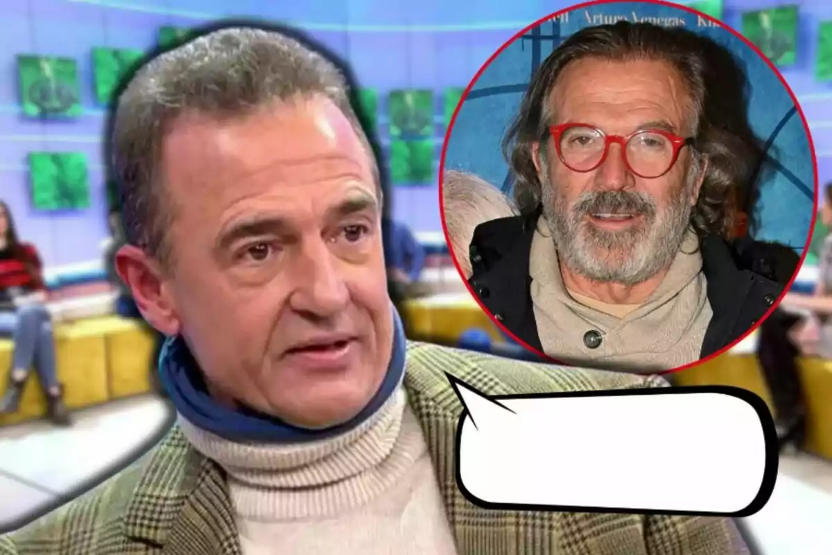 Alessandro Lequio on a television program with a box showing Pepe Navarro with red glasses and a beard, there is an empty speech bubble.