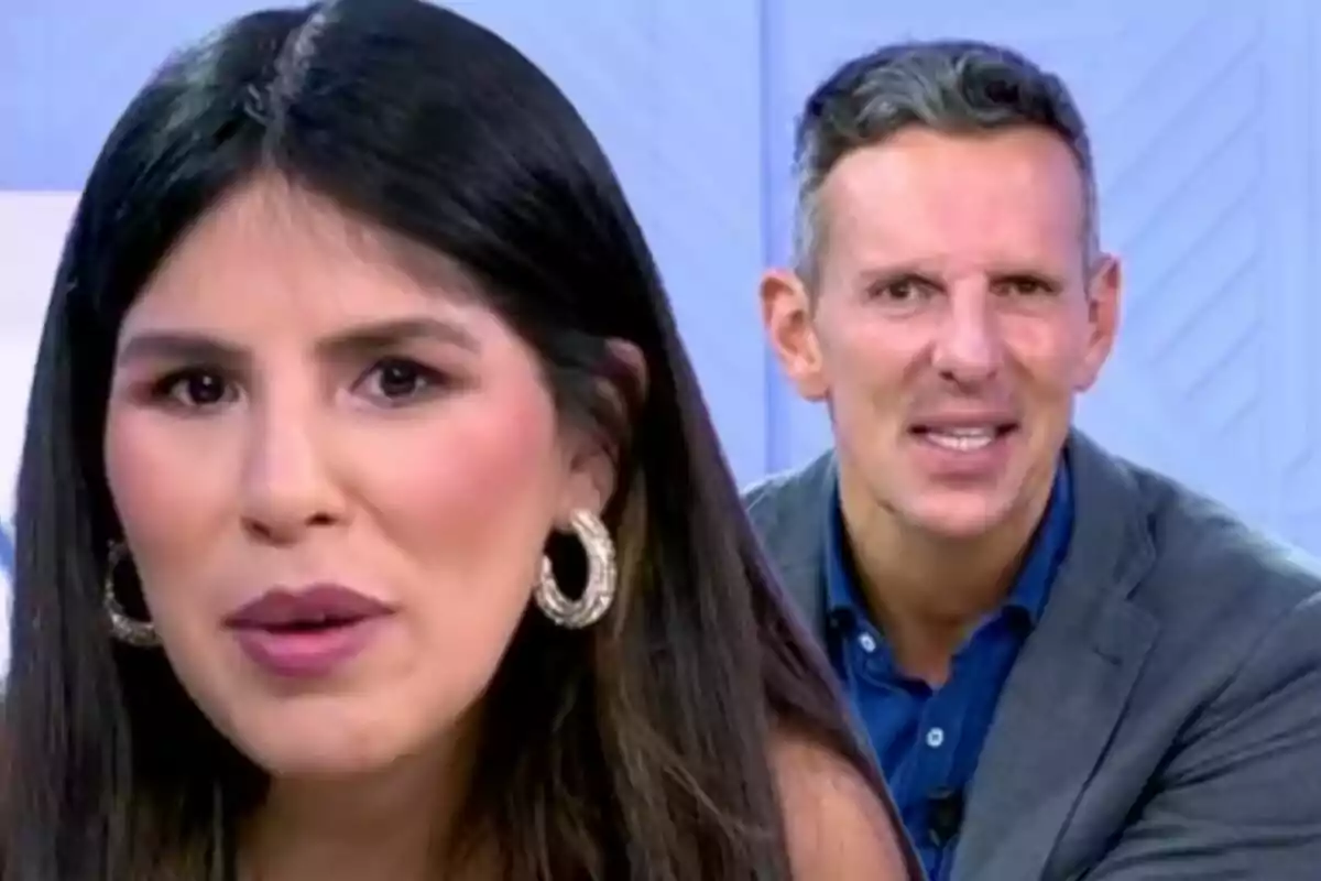 Isa Pantoja and Joaquín Prat in a television studio, a woman in the foreground and a man in the background.