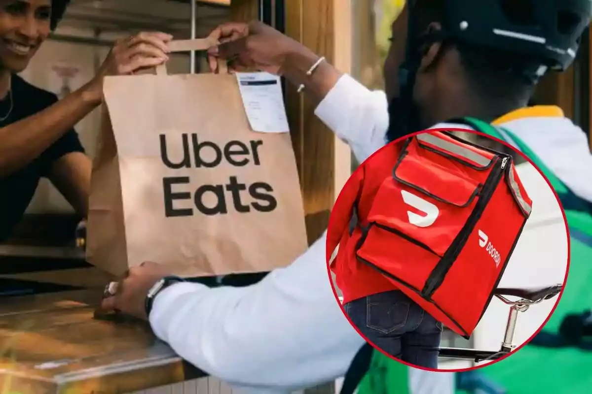 A person receives a paper bag from Uber Eats while another image shows a red DoorDash backpack.