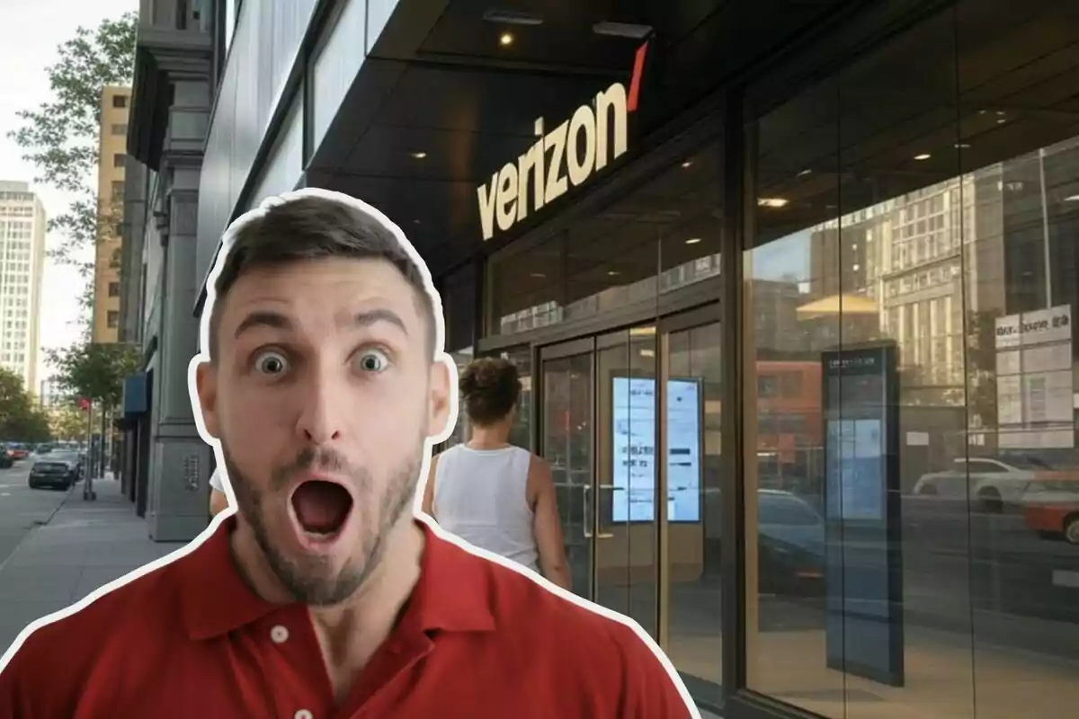 A man with a surprised expression in front of a Verizon store on an urban street.