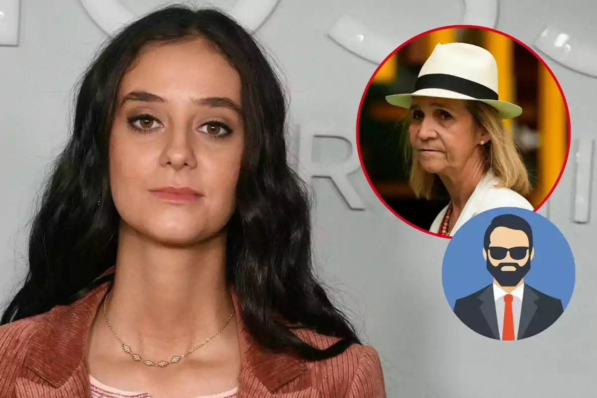 Victoria Federica de cabello oscuro y largo posa frente a una pared clara, mientras en la esquina superior derecha se muestra un recuadro con la imagen de la infanta Elena con sombrero y un recuadro con un avatar de un hombre con barba y gafas de sol.