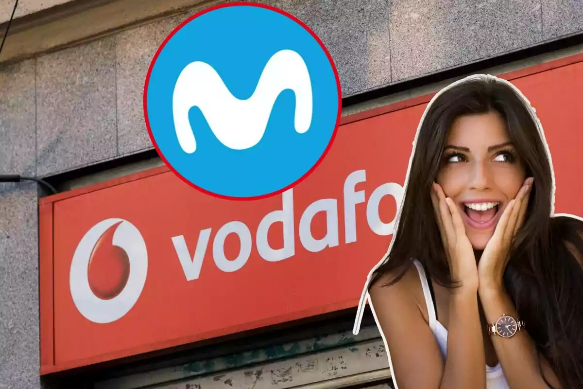 Un letrero de Vodafone, con una chica con gesto de sorpresa, y el logo de Movistar en el círculo