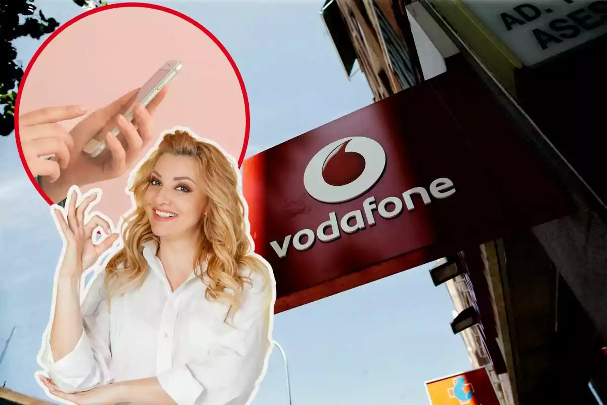 Un letrero de Vodafone, con una chica haciendo el gesto de aprobación, y en el círculo, un móvil
