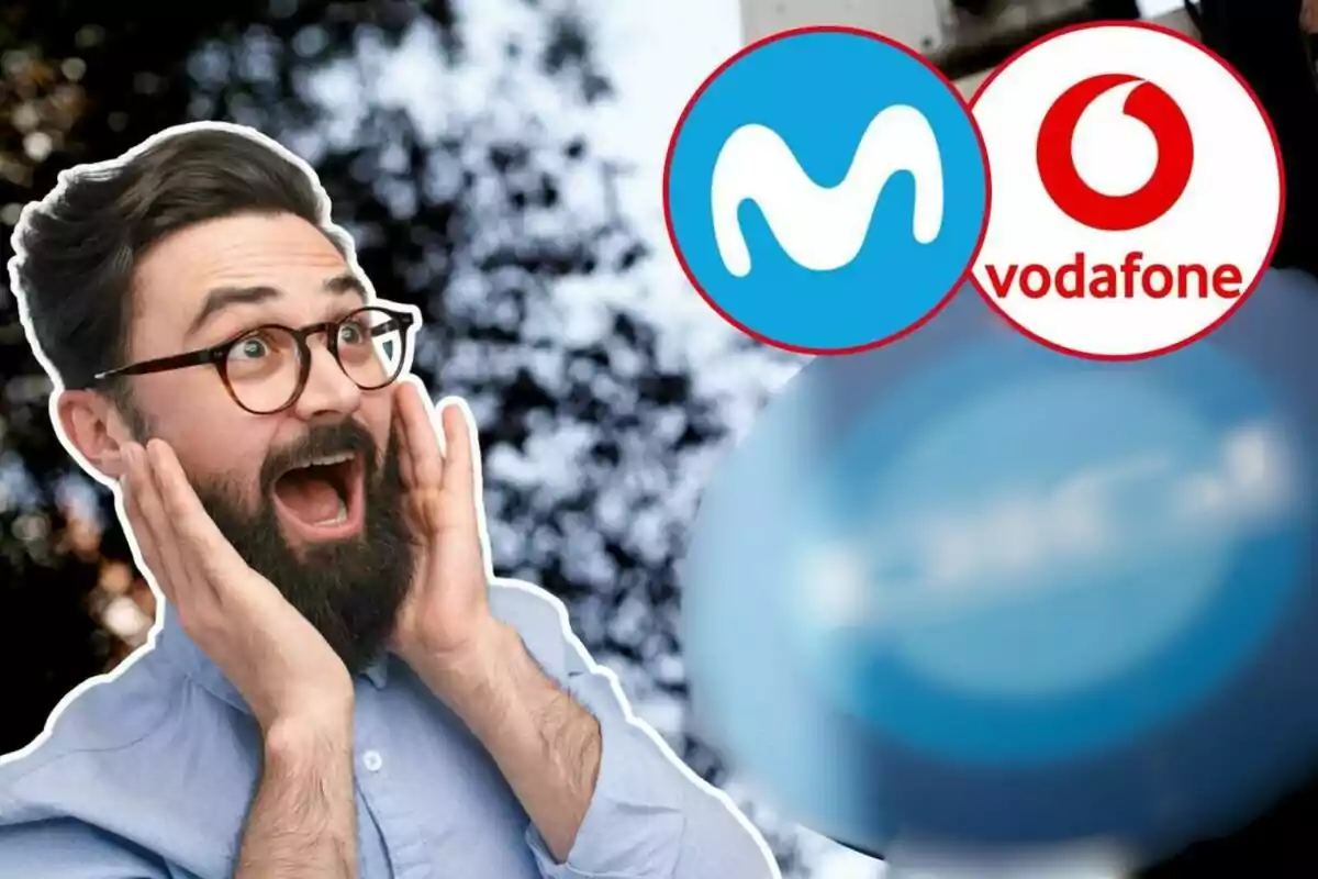 Montaje con un hombre sorprendido, logos de Movistar y Vodafone y el de Digi difuminado