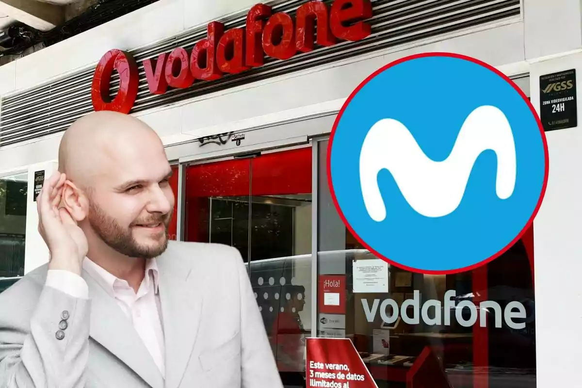 Una tienda de Vodafone al fondo, en el círculo el logo de Movistar, y a la izquierda, un hombre con la mano en la oreja