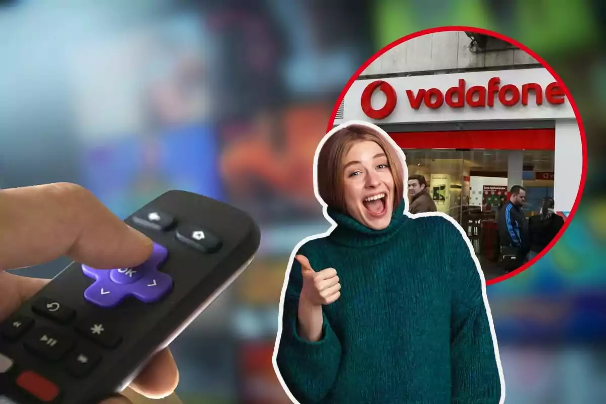 Persona sonriendo con pulgar hacia arriba, control remoto en primer plano y tienda de Vodafone en el fondo.