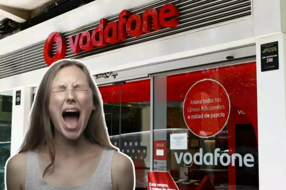 A woman screaming in front of a Vodafone store.