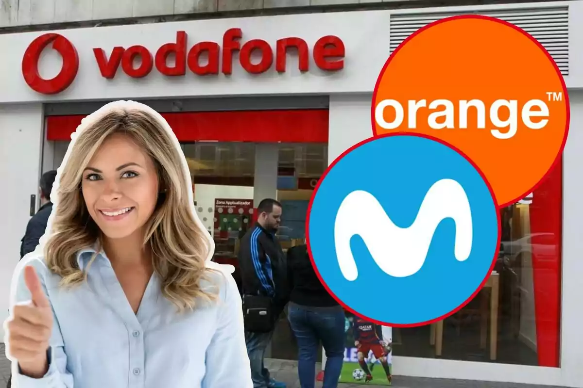 Una mujer sonriente con pulgar arriba frente a una tienda de Vodafone con los logotipos de Orange y Movistar superpuestos.