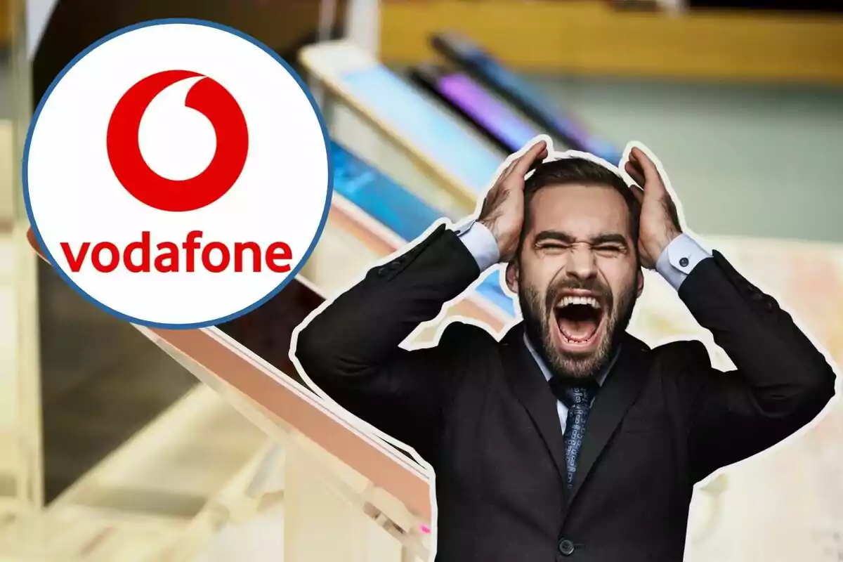 Un hombre con expresión de frustración junto al logo de Vodafone.