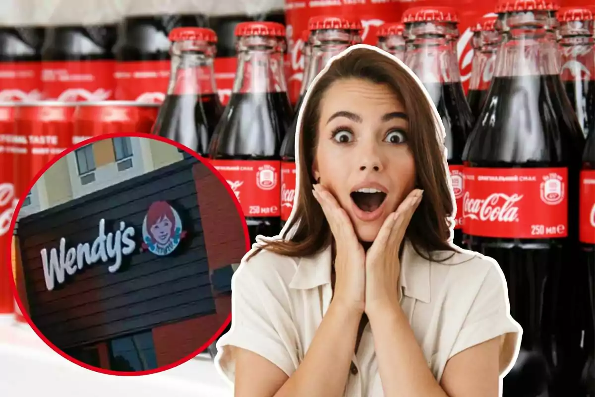Surprised woman in front of Coca-Cola bottles with an inset showing the Wendy's sign