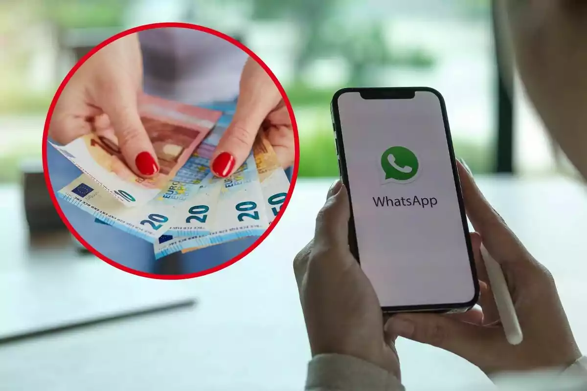 Un móvil con la pantalla en WhatsApp y en el círculo, billetes de euro