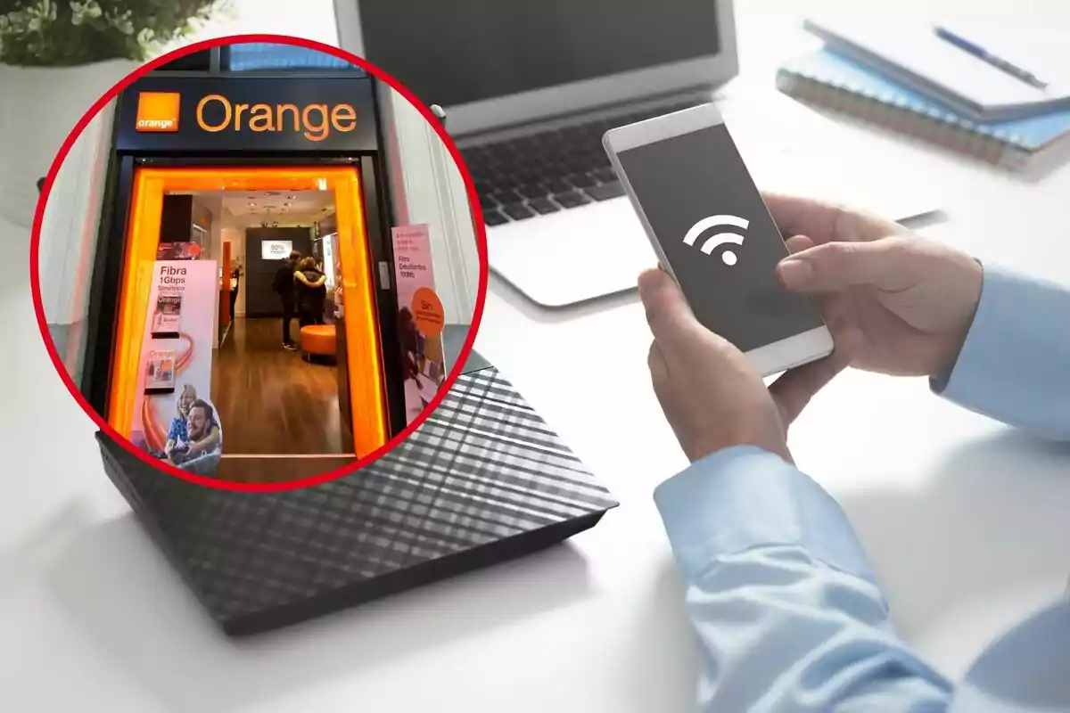 Un hombre comprueba el wifi de su móvil, y en el círculo, una tienda de Orange