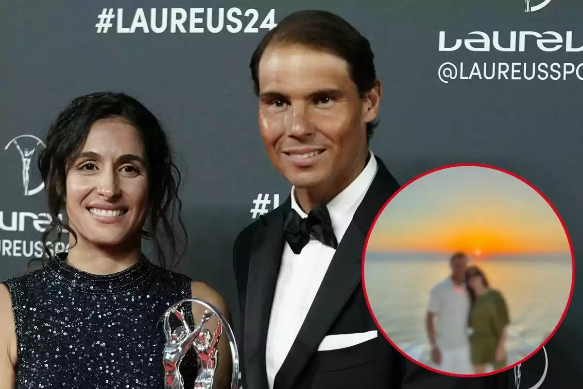 Xisca Perelló y Rafa Nadal posan en un evento de gala con un trofeo, con un fondo que muestra el logotipo y el hashtag de Laureus, y un recuadro que contiene una imagen borrosa de ellos frente a un atardecer.