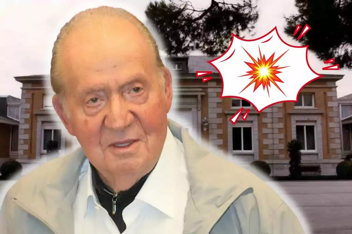 Juan Carlos I in a light jacket in front of a brick building with an explosion graphic in the background.