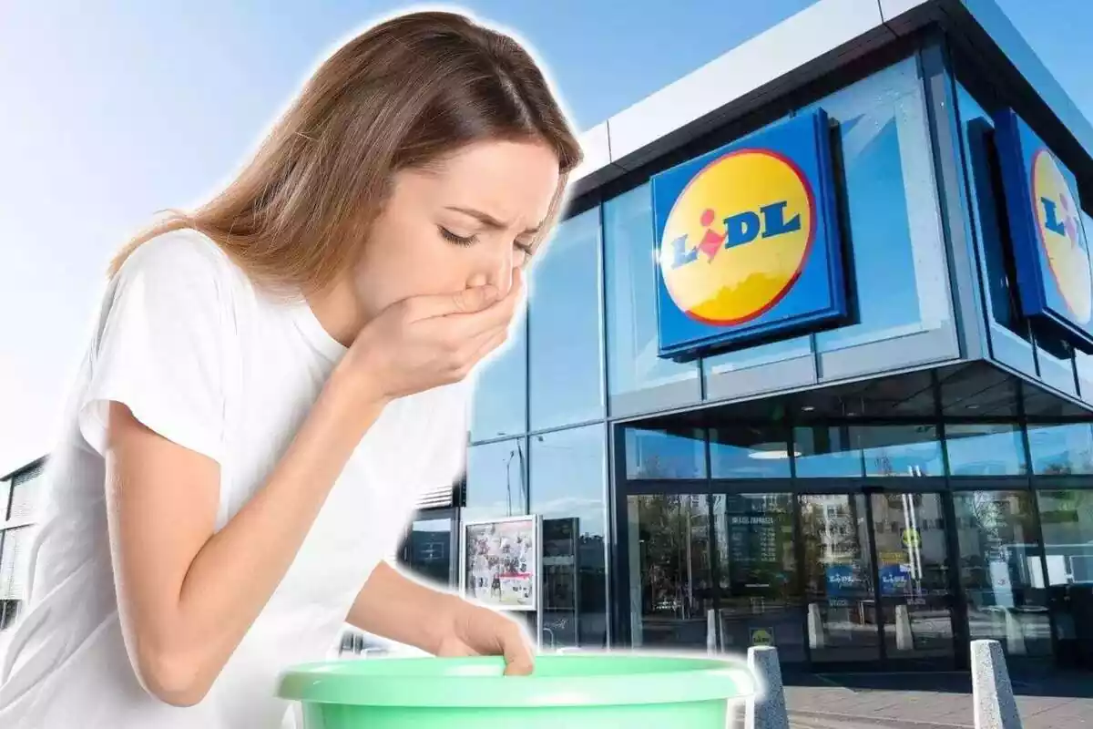 Montaje de una mujer a punto de vomitar y una tienda Lidl de fondo