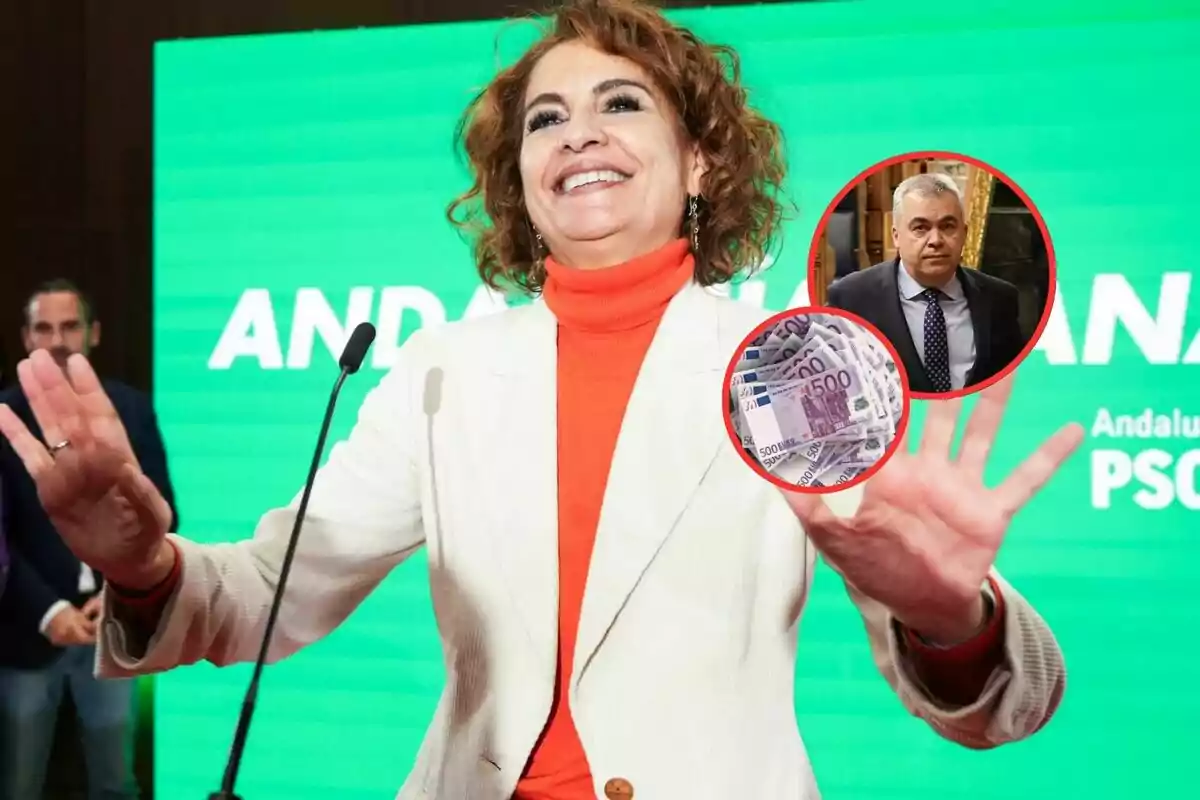 Mujer sonriente con chaqueta blanca y suéter naranja frente a un fondo verde con texto, junto a dos círculos superpuestos que muestran a un hombre y varios billetes de euro