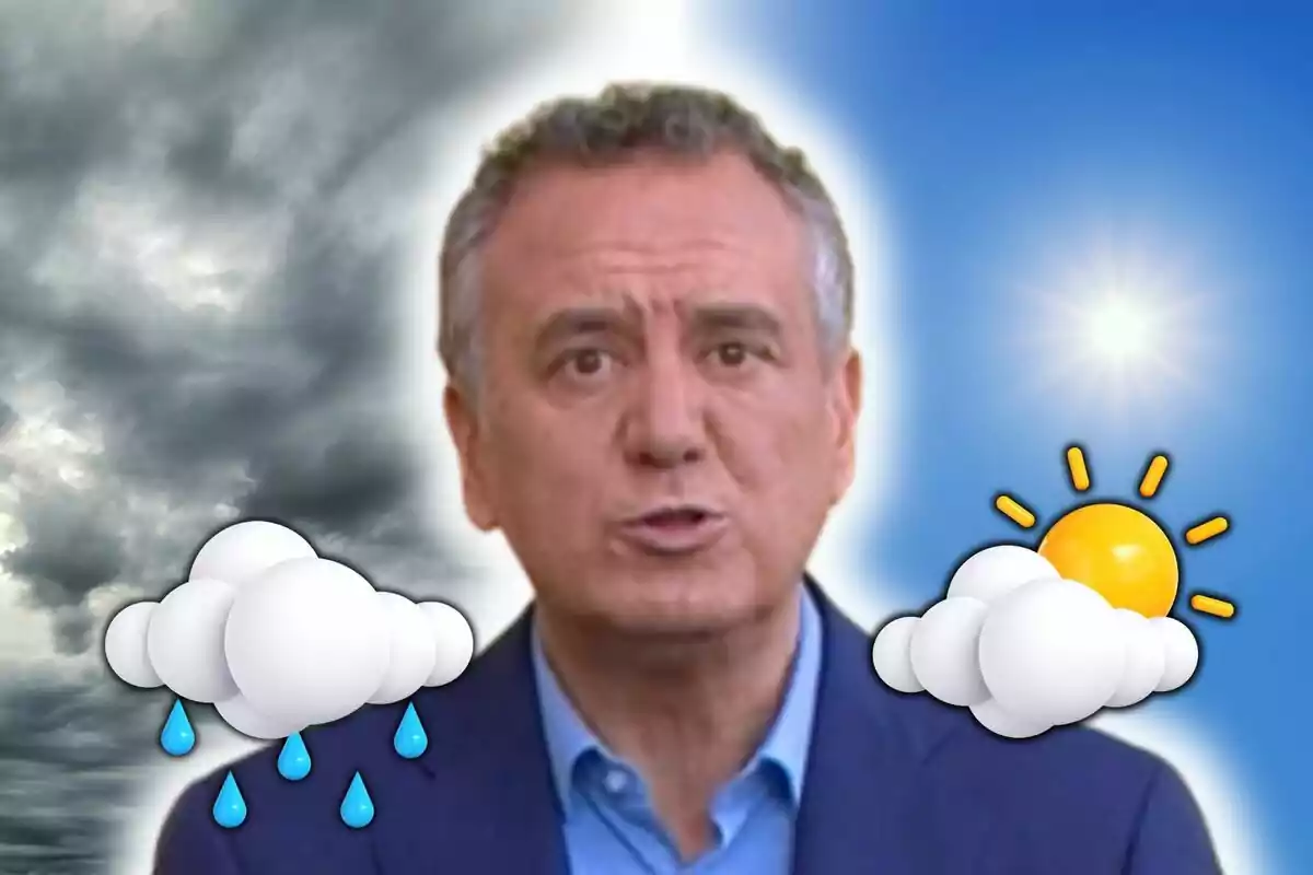 Montaje de fotos de Roberto Brasero con rostro neutro, con fondo dividido entre cielo nublado y cielo soleado acompañado de iconos de clima lluvioso y soleado.