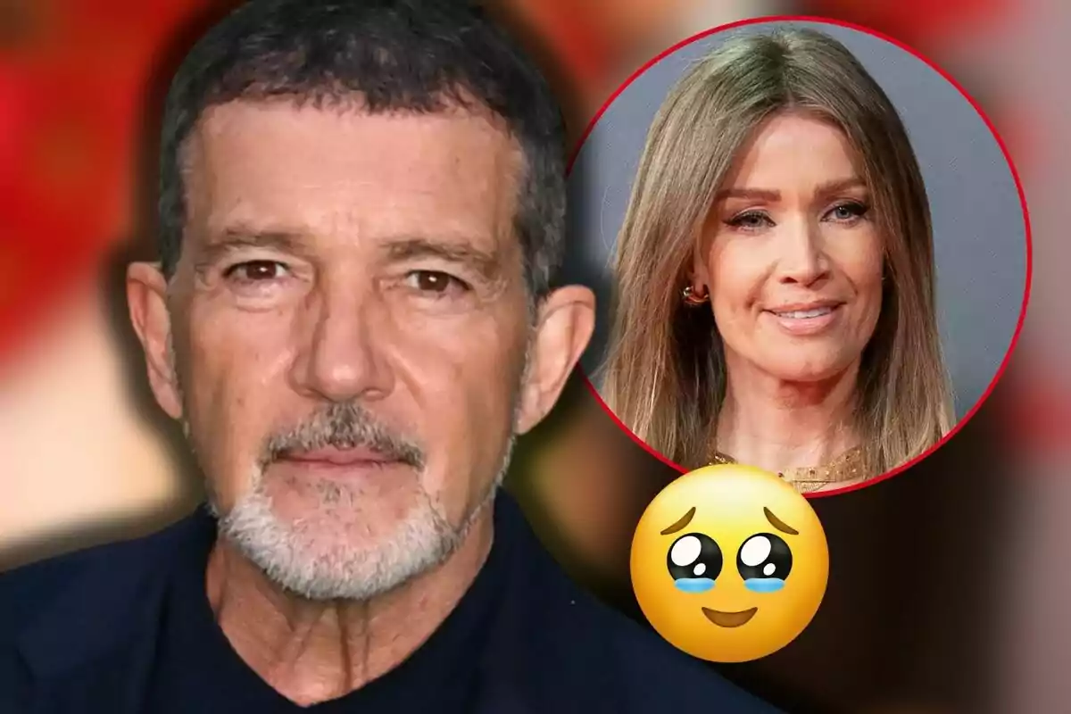 Antonio Banderas aparece en primer plano, mientras que en un círculo rojo a su lado se muestra a Nicole Kimpel sonriendo; hay un emoji con ojos brillantes y lágrimas en la parte inferior.