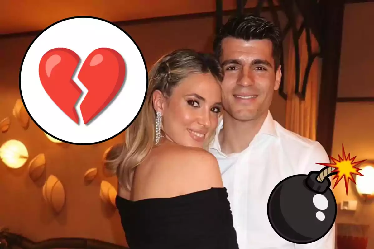 Una pareja abrazada con emojis de corazón roto y bomba.