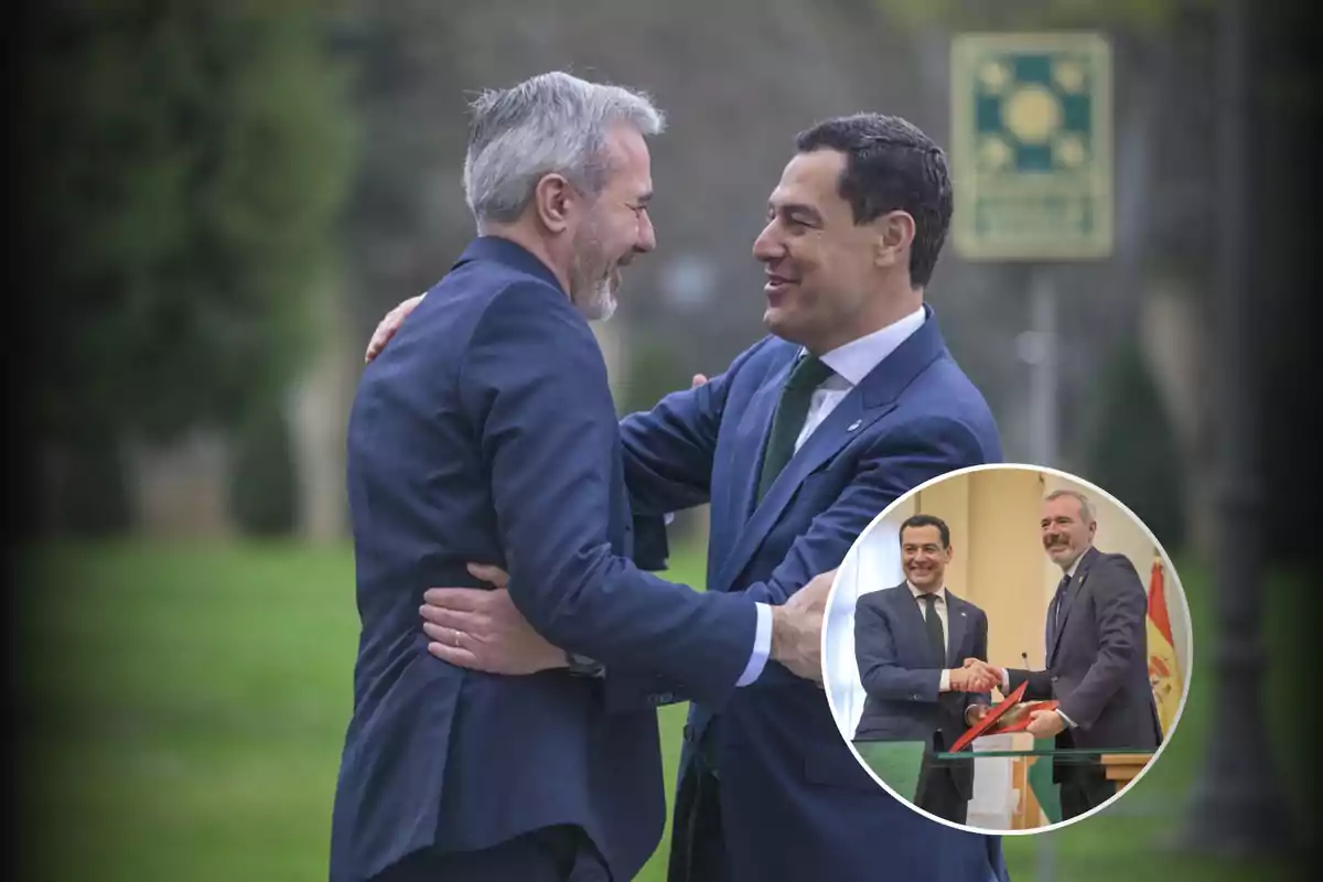 Dos hombres de traje se saludan cordialmente al aire libre, con una imagen insertada que muestra un apretón de manos entre ellos en un entorno formal.