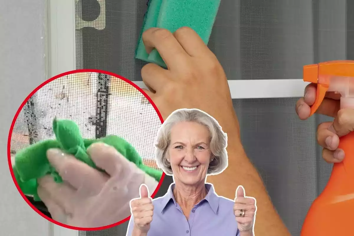 Imagen de fondo de una persona limpiando una mosquitera junto a otra de una mano con un paño limpiando una mosquitera y otra de una mujer en primer plano con gesto de aprobación