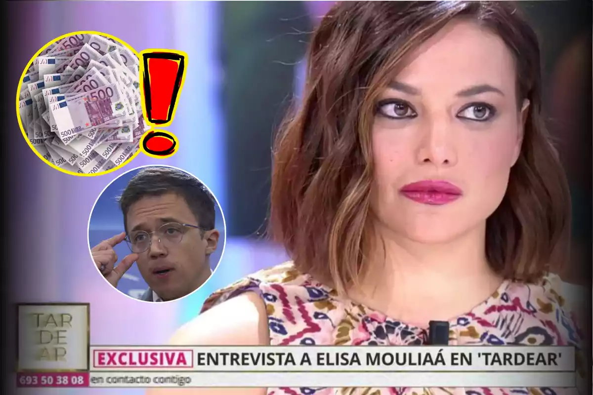 Una mujer con expresión seria aparece en un programa de televisión llamado "TardeAR" con gráficos de billetes de 500 euros y un signo de exclamación en la esquina superior izquierda y un hombre con gafas en un círculo en la parte inferior izquierda.