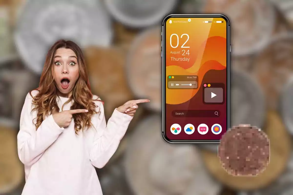 Una mujer con expresión de sorpresa señala hacia un teléfono inteligente con una pantalla de inicio colorida, mientras una moneda pixelada aparece en la esquina inferior derecha.
