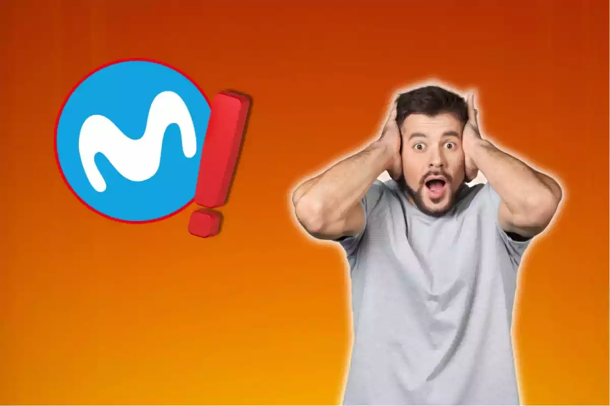 Hombre sorprendido con las manos en la cabeza junto a un logotipo en un fondo naranja.