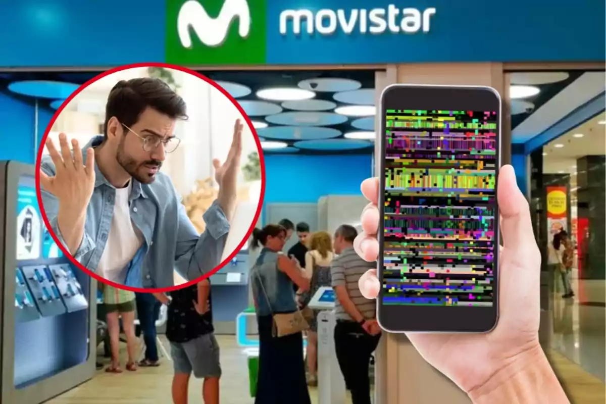 Un hombre molesto dentro de un círculo rojo, una tienda de Movistar de fondo y una mano sosteniendo un teléfono con la pantalla distorsionada.