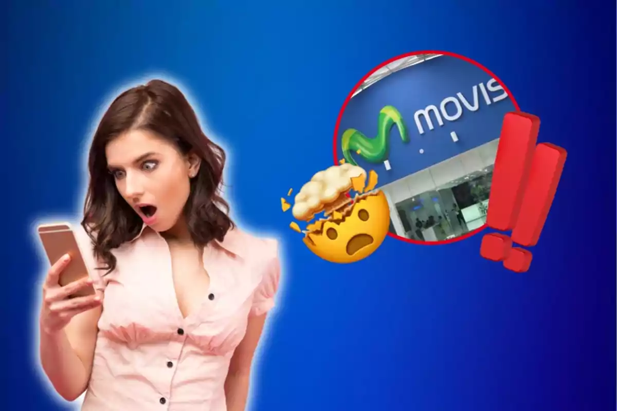 Mujer sorprendida mirando su teléfono con un logo de Movistar y emojis de asombro y exclamación.