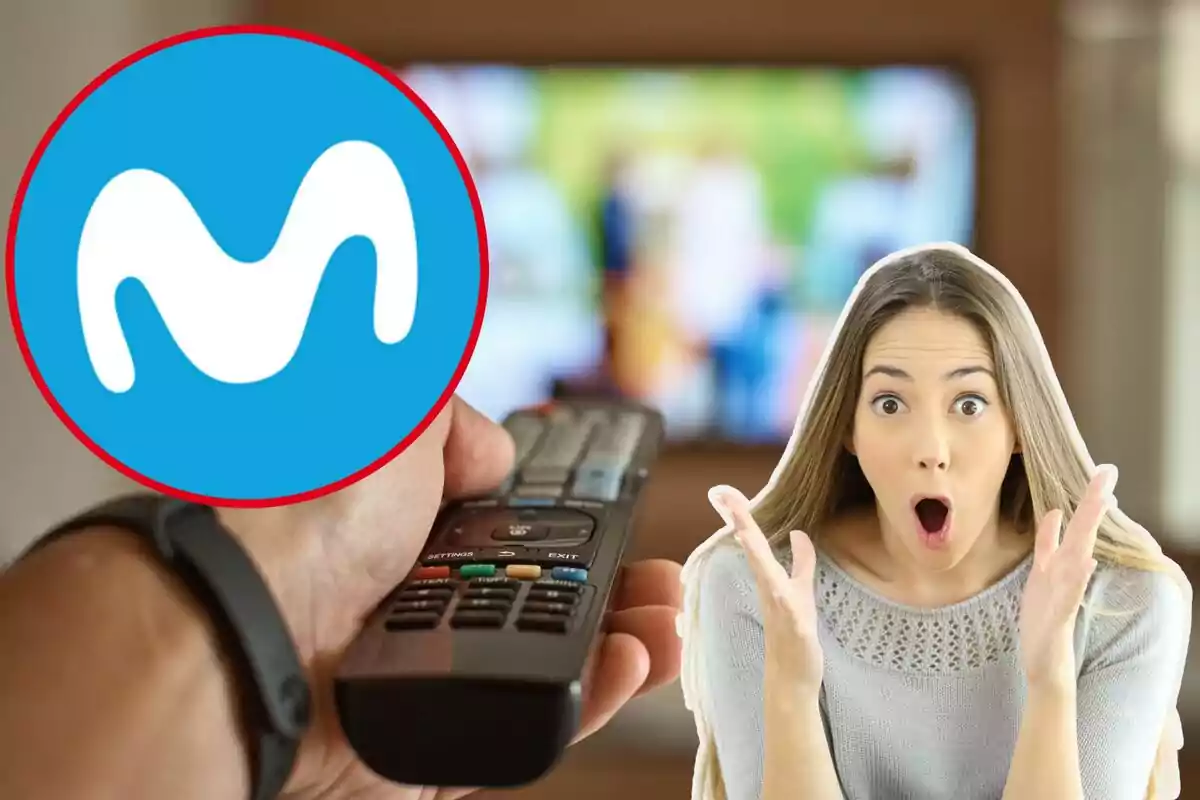 Una persona sostiene un control remoto frente a una televisión con el logotipo de Movistar superpuesto y una mujer con expresión de sorpresa.