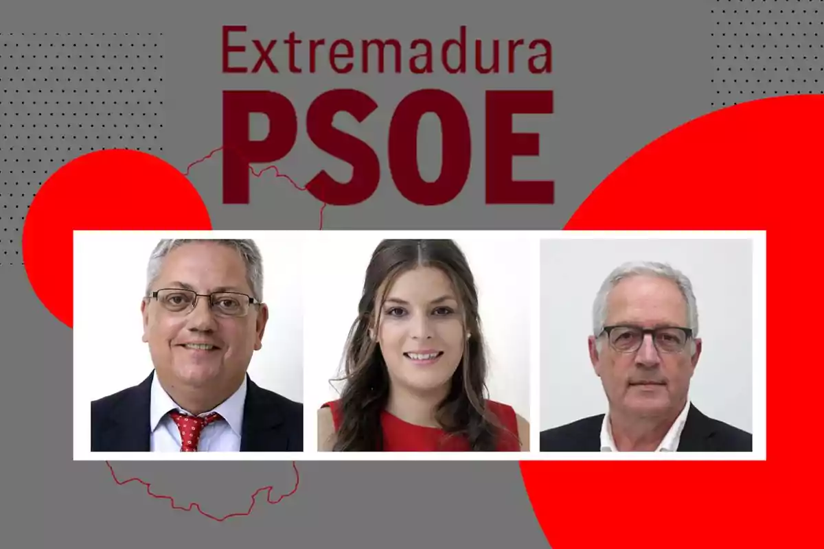 Tres personas posando frente a un fondo con el logotipo de Extremadura PSOE.