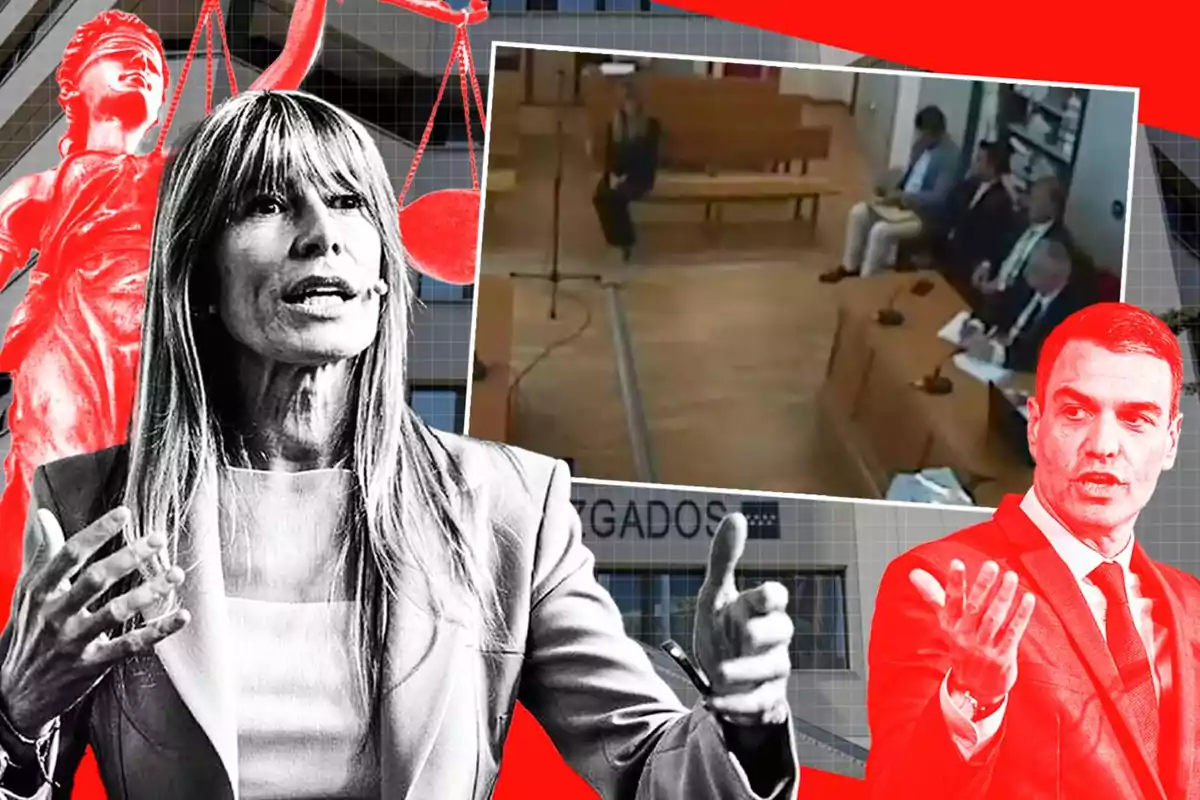 Una mujer y un hombre gesticulan en primer plano, con una balanza de justicia y una escena de tribunal en el fondo.