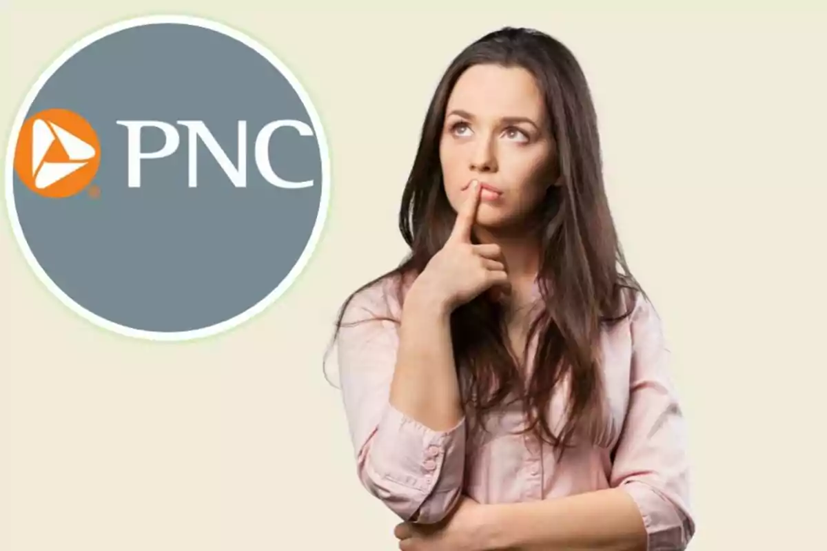 Una mujer pensativa con el logo de PNC al lado.