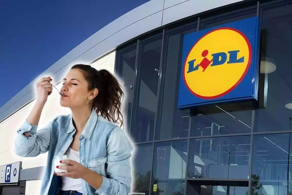 Mujer comiendo un yogur y una tienda de Lidl