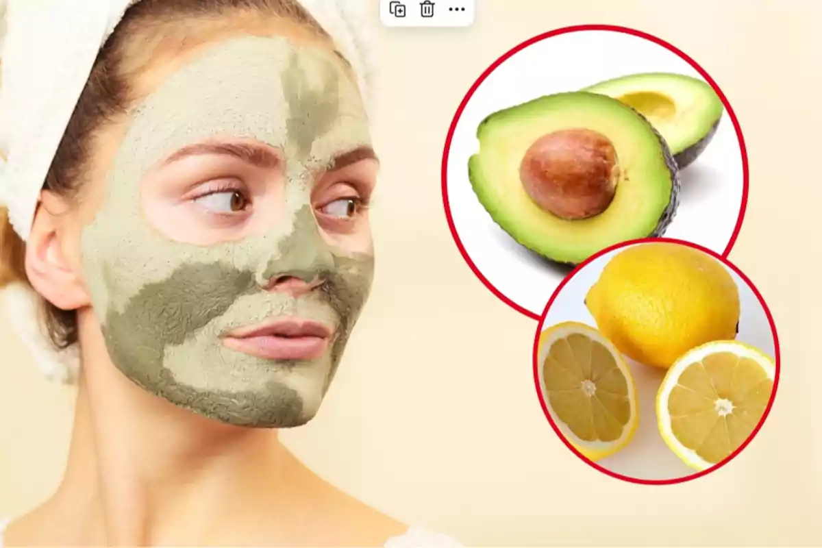 Mujer con mascarilla facial verde, con imágenes de aguacate y limón en círculos rojos.