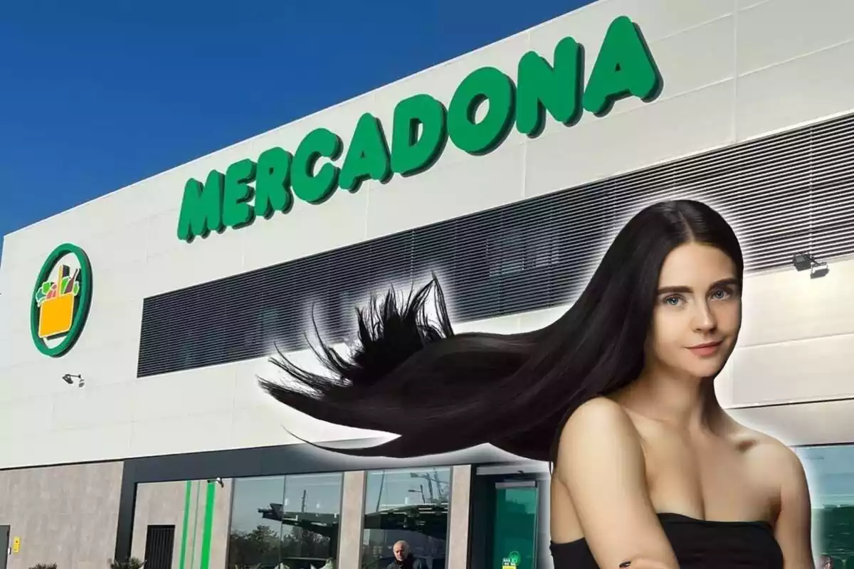 Mujer con pelazo y supermercado Mercadona