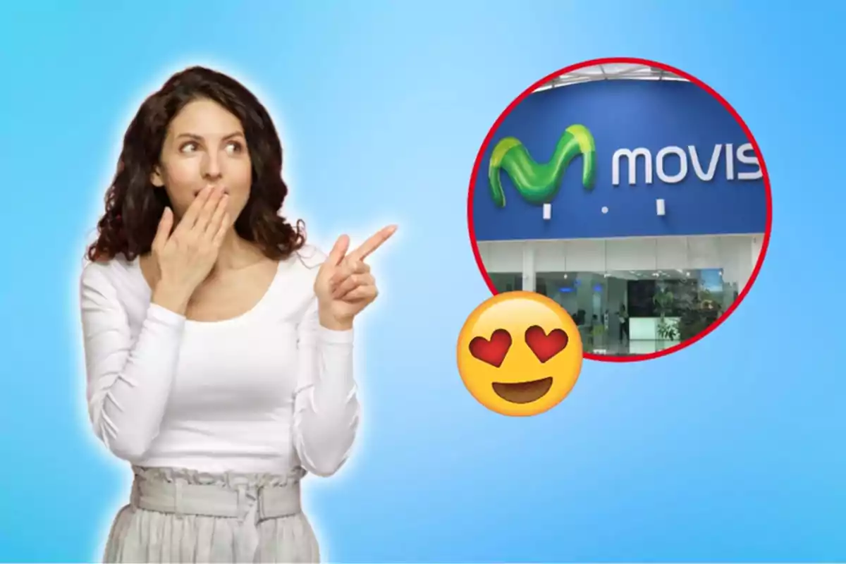 Una mujer con expresión de sorpresa y una mano en la boca señala hacia un logotipo de Movistar dentro de un círculo rojo, acompañado de un emoji con ojos de corazón.