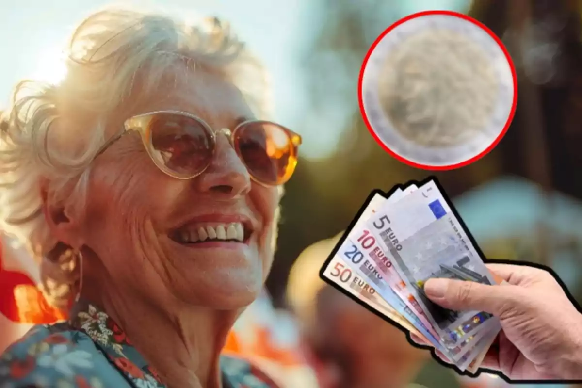 Una mujer mayor sonriente con gafas de sol, un círculo rojo con un objeto borroso y una mano sosteniendo billetes de euro.